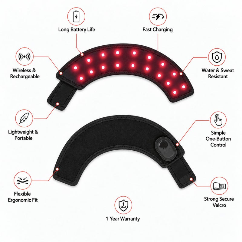Lumora sleeve features: lit LEDs, rechargeable battery, water and sweat resistance, Velcro fastening and control panel