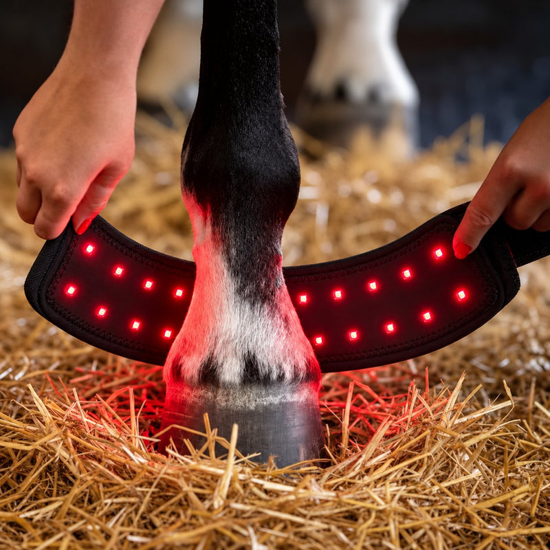 Lumora Hoof Sleeve with its red LEDs lit, being wrapped around a horse’s lower leg
