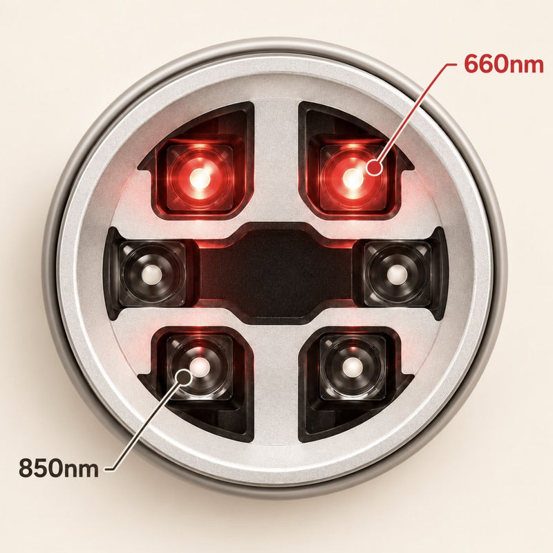Close-up of the LED cluster with 660nm red and 850nm near-infrared LEDs labelled
