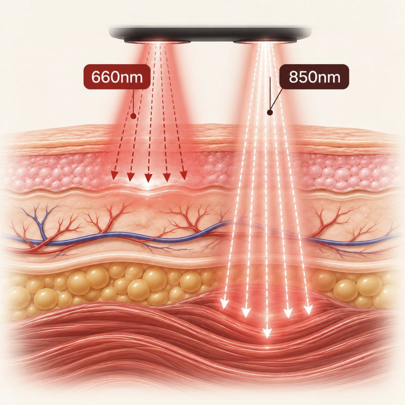 Diagram showing 660nm light reaching the upper tissue layers and 850nm light reaching deeper into muscle